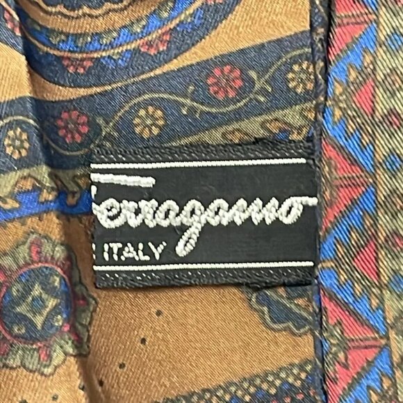 Auth Salvatore Ferragamo - Dark Navy Brown Multi Scarf - Picture 3 of 9
